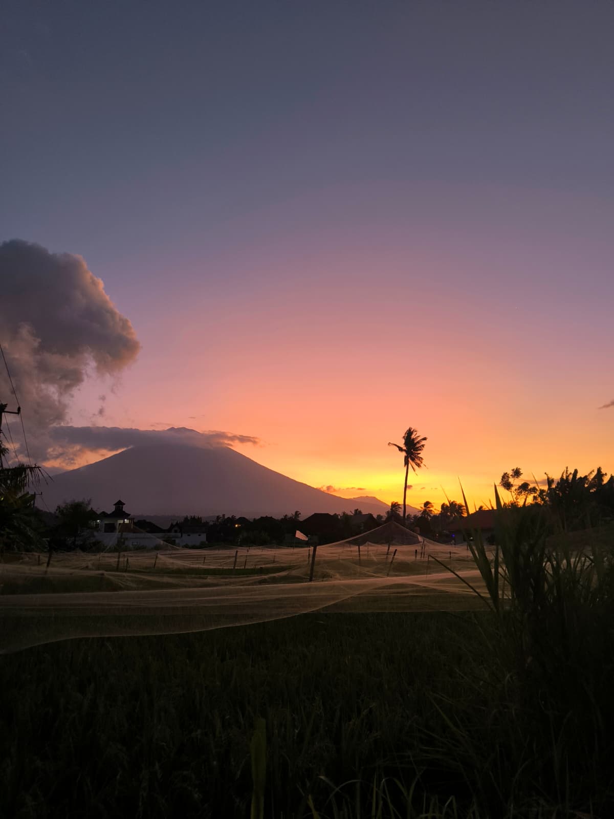 Mount Agung at dusk over rice fields in eastern Bali